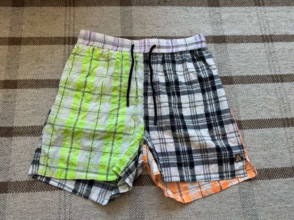 Teddy Fresh Plaid Patchwork Shorts Men’s Medium Neon Streetwear Unisex
